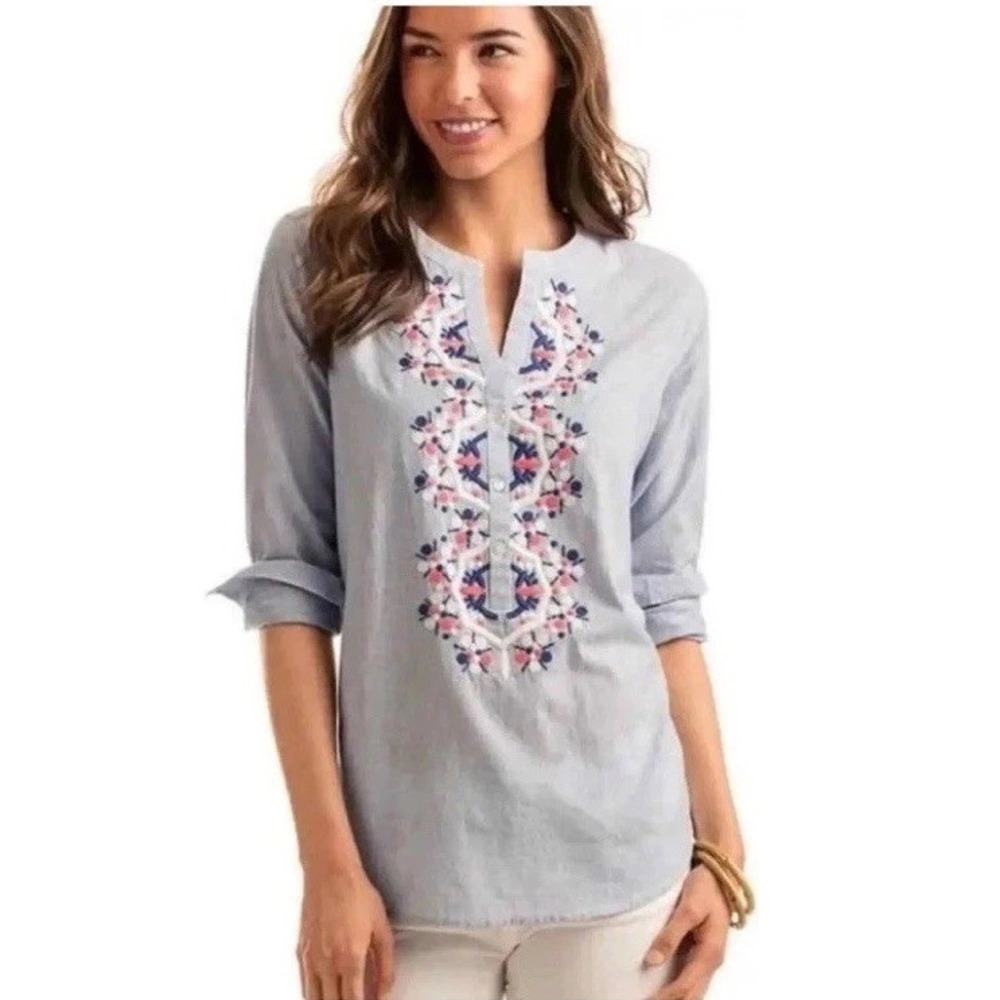 VINEYARD VINES Popover Top Sz. 8 Tunic Embroidered Artsy Summer Beachy Relaxed